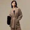 Casaco Suéter de Lã de Yak Soltinho Feminino Outono Inverno Novidades Roupas Femininas Cardigan de Tricô de Lã Estilo Robe com Amarração na Cintura