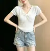 Camiseta de Tricô Canelado Texturizado de Manga Curta para Mulheres, Nova Chegada de Verão, Top Decote V 'Pure Desire Spicy Girl', Designer, Nicho