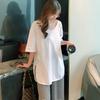Verão estilo coreano de manga curta T-shirt de algodão e linho em torno do pescoço solto cor sólida de comprimento médio camisa de fundo dividido T-shirt para mulheres plus size gordura M