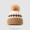 Gorro de lana infantil de moda estilo coreano con patrón de diamantes, gorro recto de bloques de color otoño e invierno para niños, gorro cálido nuevo para exteriores