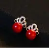 Brincos de Nova Moda Estilo Coreano Brilhantes Cheios de Diamantes Brilhantes Brincos de Pérola Cereja Vermelha