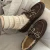 Mocasines Hechos a Mano Lavados en Color con Lazo Viejo Más Terciopelo para Mujer Invierno Nuevo Retro Ropa Exterior Zapatos Planos de Algodón