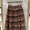 Saia de bolo de malha franzida com design francês para mulheres, outono, cintura alta, linha A, longa, estilo fada, gaze fofa
