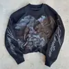 Otoño Nuevo Patrón de Dragón Manga Lateral Estampado en Inglés Y2K Calle Oscura Holgada Moderna Cuello Redondo Camiseta Venta al por Mayor