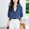 Camisa a Cuadros Azul Retro para Mujer 2026 Otoño Nueva Llegada Cuello Solapa Holgada Algodón Casual Para Superponer Viaje Camisa de Manga Larga