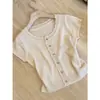 Cardigã de Tricô com Renda Estilo Francês Chique, Camiseta de Manga Curta para Mulheres, Estilo Minimalista Intelectual de Verão, Top Fino Único e Bonito