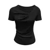 Camiseta de Manga Curta com Gola Babado Irregular Plissada Estilo Coreano para Mulheres, Nova Slim-Fit Pura Desejo Base Top Curto de Verão 2026