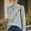 2025 Novo Tricô de Gola Alta Meia-Manga Outono e Inverno Manga Longa Feminino Estampa Floral Pulôver Solto Camisa Base Top