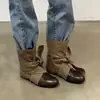 Botas Vaqueras Chuyuji de Punta Redonda Estilo Retro Wasteland Patchwork con Cordones Botas Delgadas de Tacón Bajo Botas Cortas Elegantes para Mujer