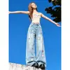 ChaoLi tiene en stock jeans de pierna ancha bordados de dibujos animados para mujer, nuevo diseño 2026, pantalones largos rectos casuales holgados