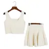 Conjunto de malha liso de cor sólida novo para mulheres, colete curto sem mangas com gola quadrada e borda ondulada e saia midi de cintura alta conjunto de duas peças