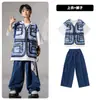 Roupas de Moda Hip-hop para Crianças Roupa para Meninos Colete Falso Azul Roupa de Manga Curta hiphop Roupas de Performance Bacanas para Meninas Bateria