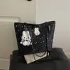 Bolsa de pelúcia estilo college com estampa de estrelas e bordado de coelho, bolsa de ombro grande para estudantes, bolsa de mão de grande capacidade para mulheres