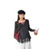 Colección Otoño 2026: Camiseta de encaje patchwork atractiva para mujer de talla grande, con diseño de dos piezas falso y cintura con cordón