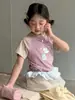 Camiseta de Manga Corta Dulce Estilo Coreano para Niña, Nueva de Verano, Algodón Delgado Transpirable, Bloques de Color, Manga Raglán, Estampado de Dibujos Animados para Niñas