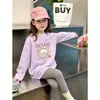 Camiseta de algodão puro com estampa de desenho animado para meninas, manga longa, corte solto casual estilo coreano, camiseta básica casual fofa para crianças, primavera e outono