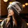 Gorro de punto Fair Isle vintage para otoño e invierno para mujer, hecho de mohair con colores contrastantes, circunferencia de cabeza grande, ajuste holgado, hace que la cara se vea más pequeña