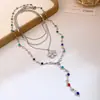 Colar com pingente de flor de pérola com gota de óleo multicamadas em metal, corrente para clavícula estilo corte vintage, joia de luxo leve de alta qualidade para mulheres