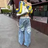 Jeans de Mujer Otoño con Dobladillo Curvo y Diseño de Bordado de Estrellas Pantalones Sueltos Azul Retro Nuevos Pantalones de Pierna Ancha Hacen que las Piernas Parezcan Más Largas
