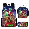 Mochila Escolar Infantil Monstro de Cabelo Verde Grinch Mochila para Aluno do Ensino Fundamental Lancheira Estojo Três Peças Mochila Atacado Transfronteiriço