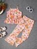 Conjunto Personalizado de Dos Piezas Transfronterizo para Niñas, Top Camisola Ceñidor de Cintura, Pantalones de Campana, Traje Estilo Pastoral Floral con Estampado Completo