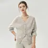 Campbell Hilo~%Seda de Morera%Cachemira Cardigan Tejido Cuello de Mujer Suéter Hueco Chaqueta Ola