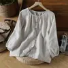 Top cómodo de algodón y lino natural de manga tres cuartos para mujer, otoño 2026, estilo retro artístico, corte holgado, adelgazante, rejuvenecedor, elegante