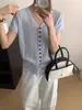 Roupa Zhengqite/Estilo Coreano Verão Novo Top de Malha de Manga Curta Elegante de Alta Qualidade Vazado Emagrecedor de Ombro Reto para Mulheres, Versátil e Elegante