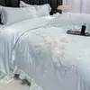 Conjunto de verão estilo princesa de seda gelada de quatro peças com capa de edredom bordada em renda, capa de edredom lisa de seda gelada cor nude para dormir, conjunto de lençóis de três peças