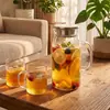 Jarra de vidro para água fria com tampa de bambu, resistente ao calor, com filtro embutido, adequada para uso doméstico, sala de estar, chá de frutas e bebidas