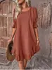 Vestido de Verano y Primavera 2024 Transfronterizo Europeo y Americano TEMU para Mujer, Retro, Algodón y Lino, Manga Media, Cuello Redondo, Color Sólido, Holgado, de Falda Amplia