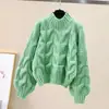 Suéter de punto trenzado para mujer, con cuello redondo y mangas tipo linterna, con un diseño relajado y elegante, de la nueva colección otoño/invierno, estilo coreano, corte holgado y una textura gruesa de punto trenzado