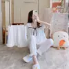 Pijama de Três Peças Feminino Verão Cor Sólida Gola Única Manga Curta Shorts Calça Roupa de Casa Doce para Menina