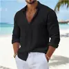 Camisa de Manga Larga Transpirable de Color Sólido Imitación Lino para Hombre de Comercio Exterior con Cuello Estilo Casual Retro para Vacaciones en la Playa Top para Hombre
