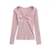 Camiseta de Manga Larga con Escote en V y Corte Cruzado Plisada Estilo Deseo Puro para Mujer, Camiseta Básica Elástica Ajustada, Top Corto de Color Sólido