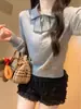 [Andy Rong] Impresionante suéter de punto con cuello alto y bloques de color, hermosa prenda interior de manga larga estilo coreano, top corto para mujer