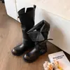 Primer Encuentro Ji Botas Mujer 2026 Nuevo Bloque de Color Tacón Grueso Aumento de Altura Botas de Jinete Hebilla de Cinturón Con Cordones Color Limpiado Botas Largas