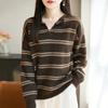 Suéter de Tricô com Gola de Pelo de Guaxinim Outono/Inverno 2025 Manga Longa Feminino Cor Blocada Listrado Botão Pulôver Camisa Base Top