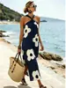 2026 Nuevo Vestido Largo Cruzado sin Mangas de Cuello Halter Estampado para Mujer, Estilo Vacaciones en la Playa, Estilo Europeo y Americano