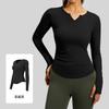 Juyitang Decote V Manga Longa Nude Roupa de Yoga Cintura Plissada Look Emagrecedor Justo Top Esportivo Fitness
