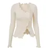 Suéter de Punto para Mujer Estilo Ceremonia del Té Ruffle Pure Desire, Borde Ajustado, Capa Base Interior, Top Corto con Abertura