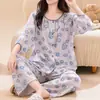 Verano Nuevo Algodón Seda Pijama Mujer Manga Larga Pantalones Cárdigan Estilo Nacional Estampado Cómodo Primavera Ropa de Casa Traje Delgado