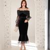 Vestido Novo de Outono Feminino Transfronteiriço de Veludo Simples e Fashion Sexy com Decote de Ombro a Ombro, Alças e Saia Godê