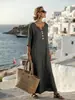 2026 Estilo Preguiçoso Europeu e Americano Transfronteiriço Vestido Moda Decote V Longo Design Solto Elegante para Uso Diário Viagem Férias