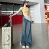 Pantalones Acampanados Elásticos de Encaje para Mujer 2025 Primavera y Verano Nuevo Estilo Coreano Chica Popular Estilo Retro Pantalones Azul Claro