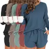 Conjunto de Pijama de Punto Waffle para Mujer Top de Manga Larga y Shorts a Juego Traje Casual Se Puede Usar Afuera Ropa de Casa