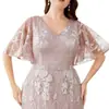 Vestido de noche talla grande cuello en V bordado con encaje manga acampanada falda amplia manga corta vestido de baile vestido de fiesta dama de honor