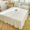 Juego de Sábana Bajera Ajustable de Algodón Lavado de Color Sólido Falda de Cama de una Pieza Juego de Tres Piezas Protector de Colchón Grueso con Falda Dos en Uno