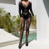 Lingerie Erótica Transfronteiriça Europeia e Americana, Body Sexy de Rede, Body sem Costas de Manga Longa, W637