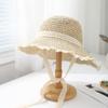 Chapéu de palha feminino estilo coreano estilo japonês verão fino respirável renda renda oco pequeno estilo fresco corda à prova de vento